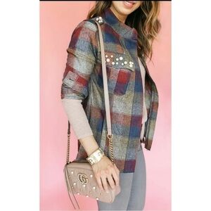 Cabi Womens Sz M Plaid Pearl Embellished Zip Up Topper Jacket Shirt Top Military